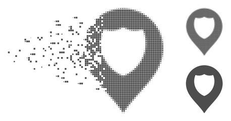 Fototapete - Grey vector shield marker icon in fractured, dotted halftone and undamaged whole versions. Disintegration effect involves rectangle particles. Cells are grouped into dispersed shield marker shape.