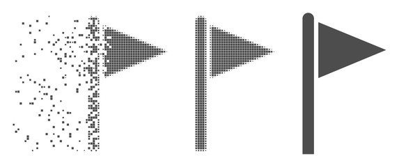 Fototapete - Gray vector triangle flag pointer icon in fractured, dotted halftone and undamaged entire variants. Disintegration effect involves rectangular particles.