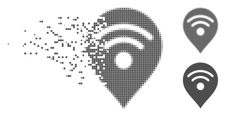 Fototapete - Grey vector Wi-Fi map marker icon in dissolved, pixelated halftone and undamaged entire versions. Disintegration effect uses square dots. Pixels are composed into dissipated Wi-Fi map marker shape.