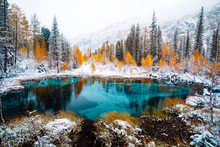 Fantastic Blue Geyser Lake In The Autumn Forest. Altai, Russia.