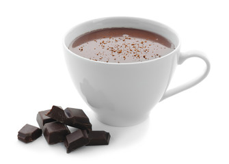 Cup of hot chocolate on white background