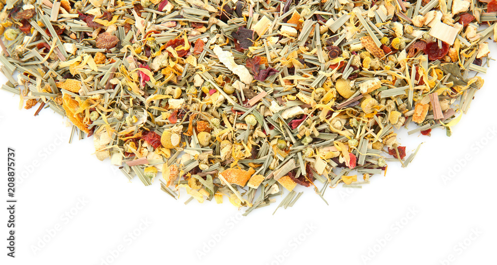 Dry herbal tea on white background, top view