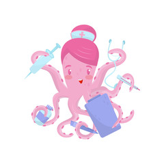 Canvas Print - Doctor or nurse octopus with medical items in tentacles. Cartoon character of cute marine animal. Flat vector icon