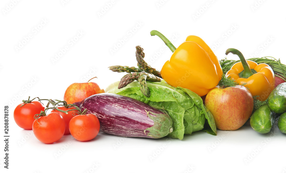 Fresh fruits and vegetables on white background. Healthy food concept