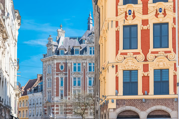 Lille, former facades in the center, beautiful town in the north of France 
