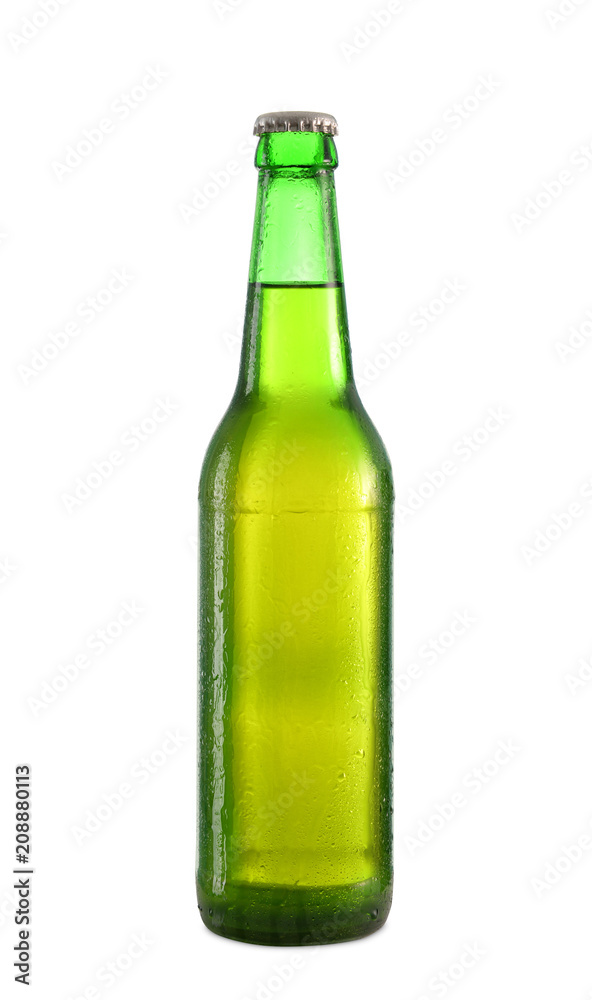 Glass bottle of cold beer on white background