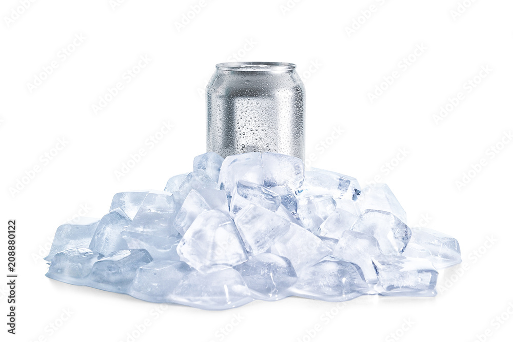 Aluminum can of cold beer in ice on white background