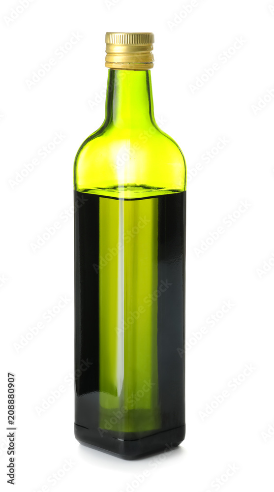 Glass bottle with olive oil on white background