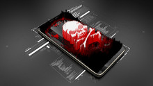 Red Pirate Skull On Smartphone Screen, Mobile Hacking, System Breach, Virus