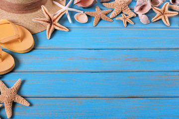 Wall Mural - Tropical beach summer starfish flip flops background border