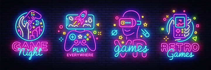 Poster - Video Games logos collection neon sign Vector design template. Conceptual Vr games, Retro Game night logo in neon style, gamepad in hand, modern trend design, light banner. Vector illustration