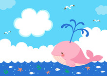 Pink Whale With Fountain Of Water On Sea Background