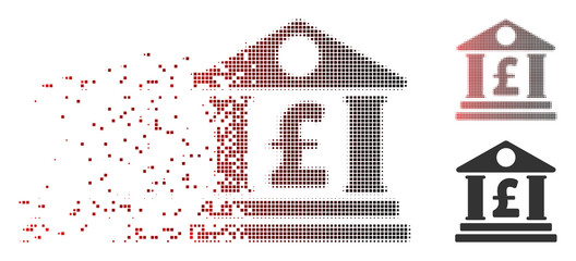 Fototapete - Vector pound bank building icon in dispersed, pixelated halftone and undamaged solid versions. Disintegration effect uses rectangular sparks and horizontal gradient from red to black.