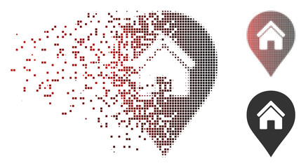 Fototapete - Vector realty map marker icon in dissolved, pixelated halftone and undamaged solid versions. Disappearing effect involves rectangle scintillas and horizontal gradient from red to black.