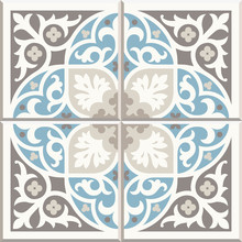 Ancient Floor Ceramic Tiles. Flooring Tiling Seamless Vector Background. Vector Illustration. Victorian English Floor Tiling Design. Portuguese Cement Tiles Pattern. Grey-blue And Golden Brown Colors