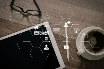 Poster - Coffee cup and Digital table dock smart keyboard,eyeglasses,stylus pen on wooden table,filter effect