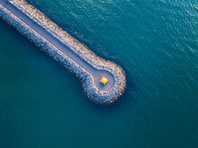 Conceptual Geometric Diagonal Line Road To The Lighthouse In The Sea View From Above. Aerial Photo View From The Top