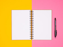 Open Paper Notebook Next To A Pen On Two Colored Background In Studio Photo. Top Flat Lay View. Pastel Colors