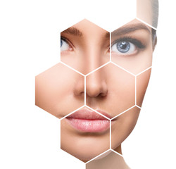 Beautiful female face in honeycombs. Spa concept.