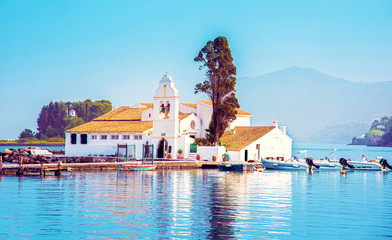 Wall Mural - nice view of vlacherna monastery on the kanoni peninsula in kerkyra, corfu, greece. popular tourist 