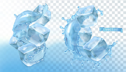 Wall Mural - Ice cubes and water splash. 3d realistic vector