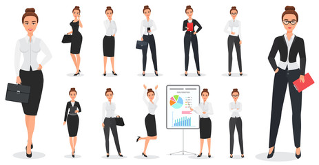 set of young pretty business woman character design in various poses.