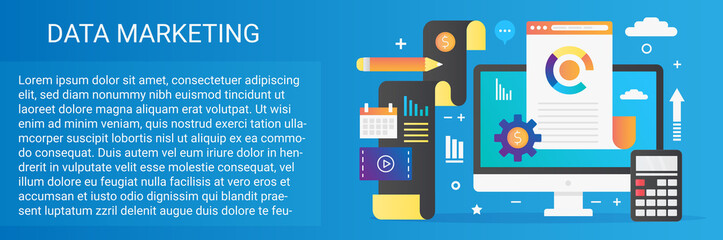 Poster - Modern vector flat gradient Data marketing concept template banner with icons and text.