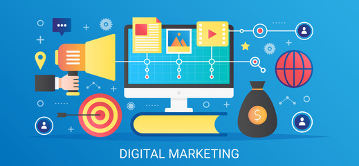 Poster - Modern vector flat gradient Digital marketing concept template banner with icons and text.