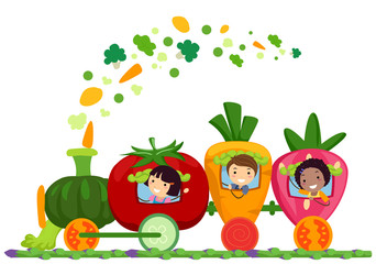 Wall Mural - Stickman Kids Fruit Vegetable Train Illustration