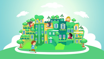 Poster - Stickman Kids Green City Illustration