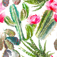 Wall Mural - Seamless pattern with cactus, succulents and floral elements on white background. Vintage watercolor botanical illustration for textile, print, invitation, party. Tropical concept.