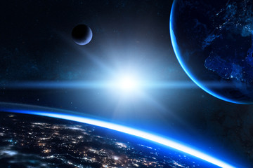 Wall Mural - earth in the outer space with beautiful planet. blue sunrise. elements of this image furnished by na