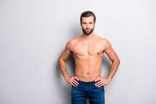 Portrait Of Sporty Handsome Masculine Virile Attractive Proud Concentrated Confident Muscular With Naked Nude Torso Man Keeping Holding Hands On Hips Isolated On Gray Background