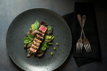 Grilled Fresh Tuna Steak with Salad and Wasabi Sauce