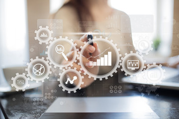 Poster - big data analytics. bi business intelligence concept with chart and graph icons on virtual screen.