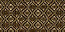 Line Thai, The Arts Of Thailand, Gold Pattern On Black Background