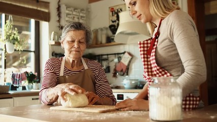 Wall Mural - An elderly grandmother with an adult granddaughter at home, baking.