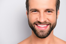 Close Up Cropped Portrait With Copy Space Of Cheerful, Joyful, Virile, Manly, Attractive, Naked, Unshaven, Handsome, Stunning Man With Ideal, Perfect Face Skin, Looking At Camera Over Gray Background