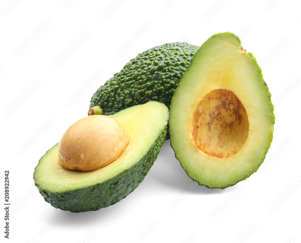 Ripe avocados on white background