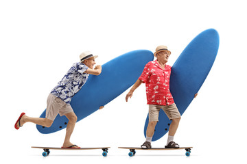 Poster - Two elderly tourists with surfboards riding longboards