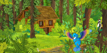 Cartoon Scene With Wooden House In The Forest Woodpecker And Trapped Blue Bird - Illustration For Children  