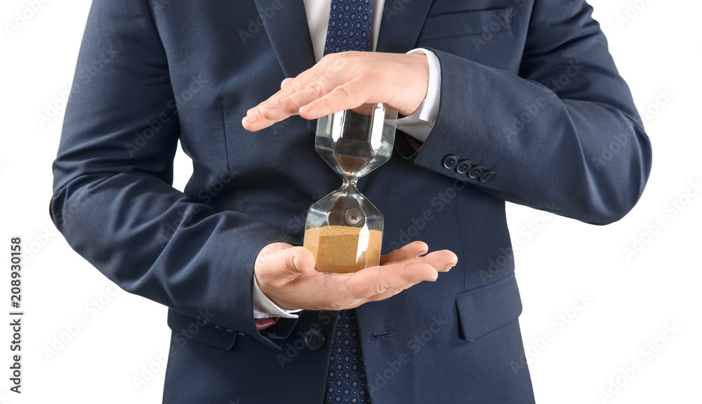 Man holding hourglass on white background. Time management concept