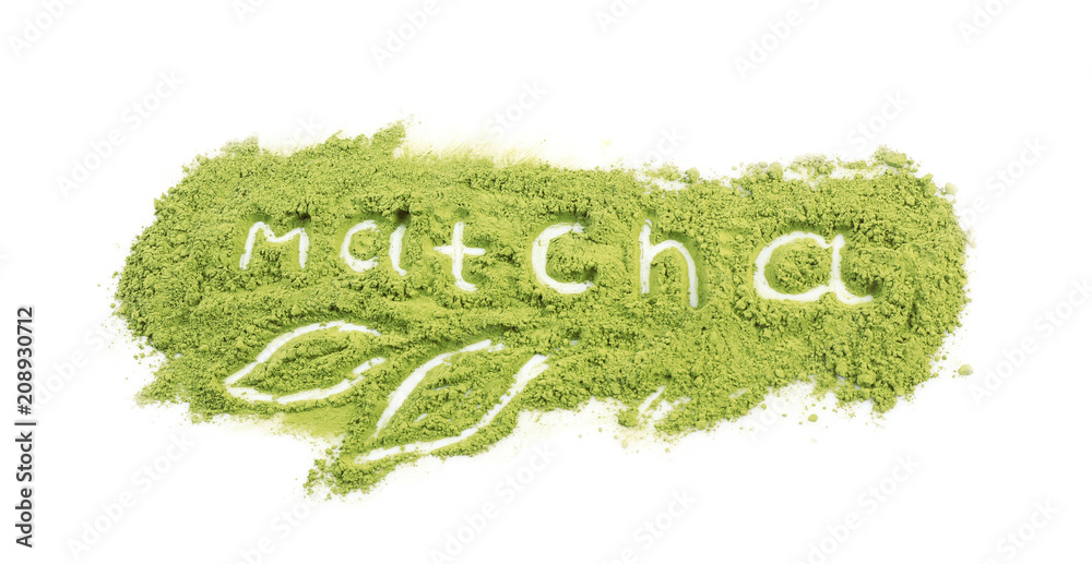 Word MATCHA made of powdered green tea on white background
