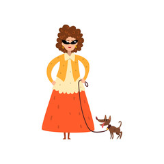 Sticker - Elegant woman walking with her small pet dog vector Illustration on a white background