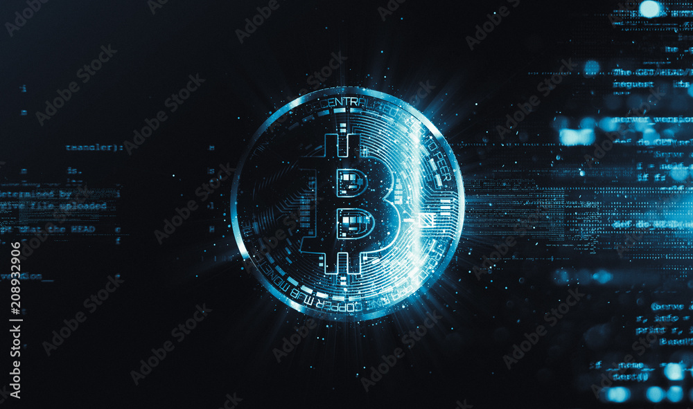 Bitcoin with glowing lights..Bitcoin symbol. Coins on black background.