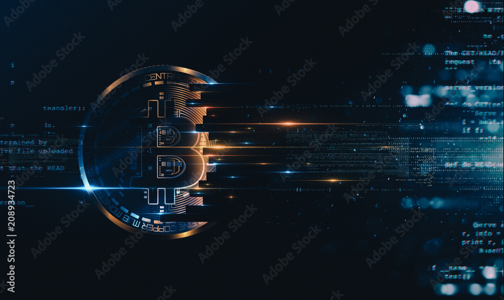 Bitcoin with glowing lights..Gold bitcoin symbol. Coins on black background.