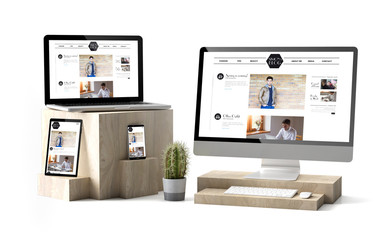 Fototapete - wooden cubes devices isolated online influencer blog