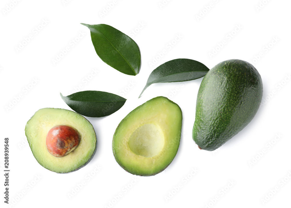 Fresh avocados on white background, flat lay