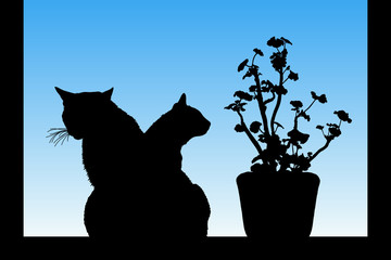 Sticker - Cats near window. Vector illustration with isolated silhouettes of kittens and flower in pot. Blue pastel background