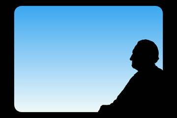 Sticker - Old man looks out window. Vector illustration with isolated silhouette of passenger on train. Blue pastel background